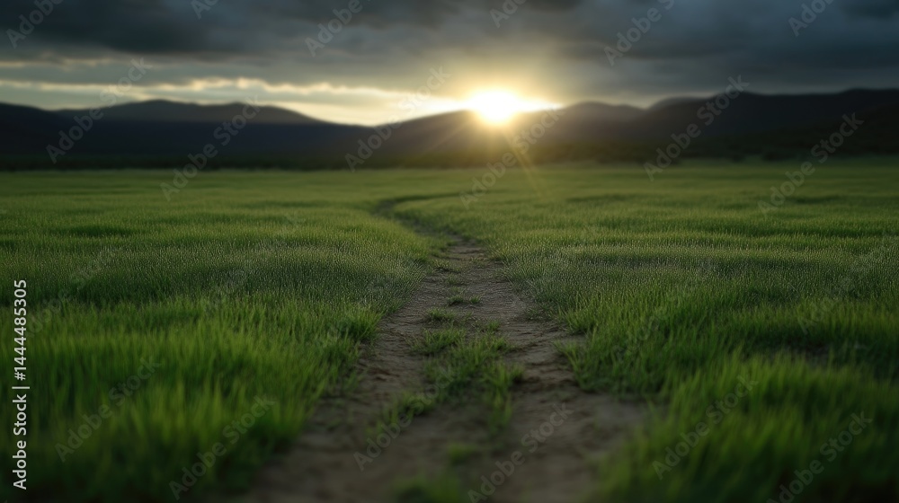 Fototapeta premium Pathway through vibrant green field at sunset. Sunlight streams through dark clouds over distant mountains