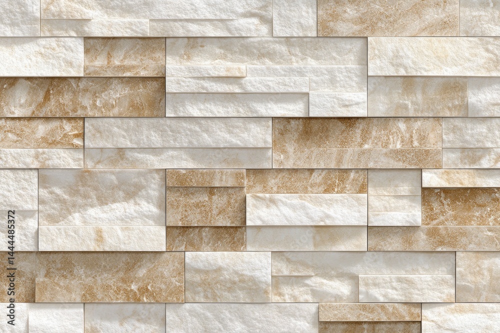 Obraz premium Beige and white stone wall tiles in a stacked pattern Rectangular and uneven shaped pieces create a natural stone effect