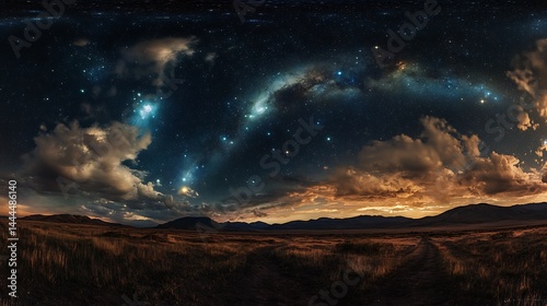 Landscape View Of Dark Night Sky, Stars, Clouds, Mountain And Brown Grassy Field