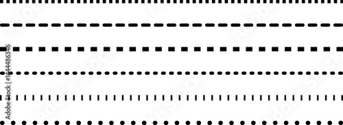 Set of dashed straight lines of different styles. Vector design elements. Dashed border divider. 