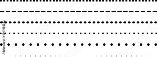 Set of dashed straight lines of different styles. Vector design elements. Dashed border divider. 