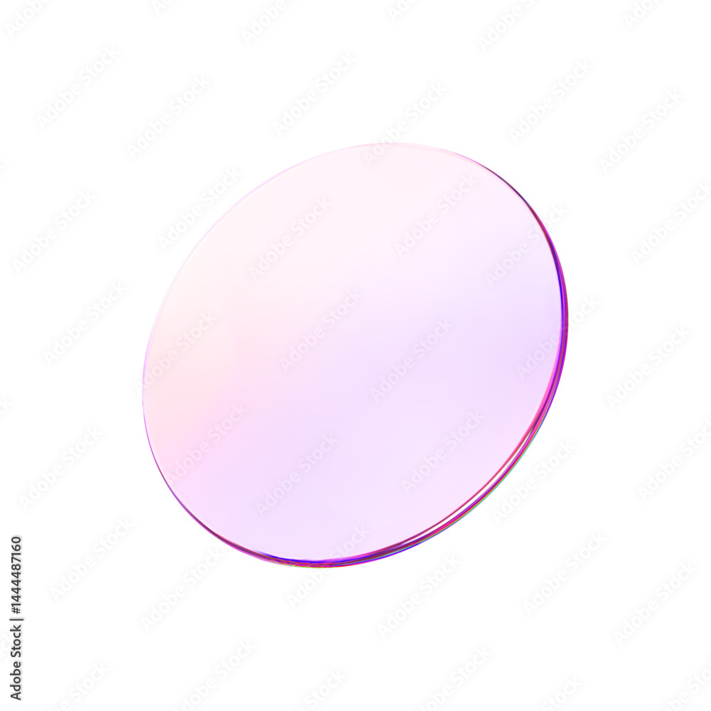 Glass round color lens transparent. 3d gradient holographic disk icon. Light circle badge element. Abstract disc, lens, button, badge, podium, frame flying gradation texture. Vector 3d illustration