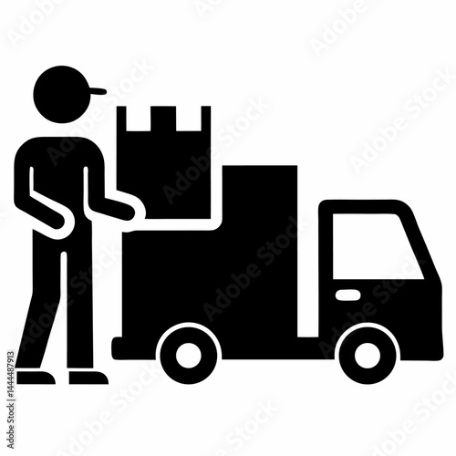 Delivery icon. Worker unloading boxes from truck black vector on white background.