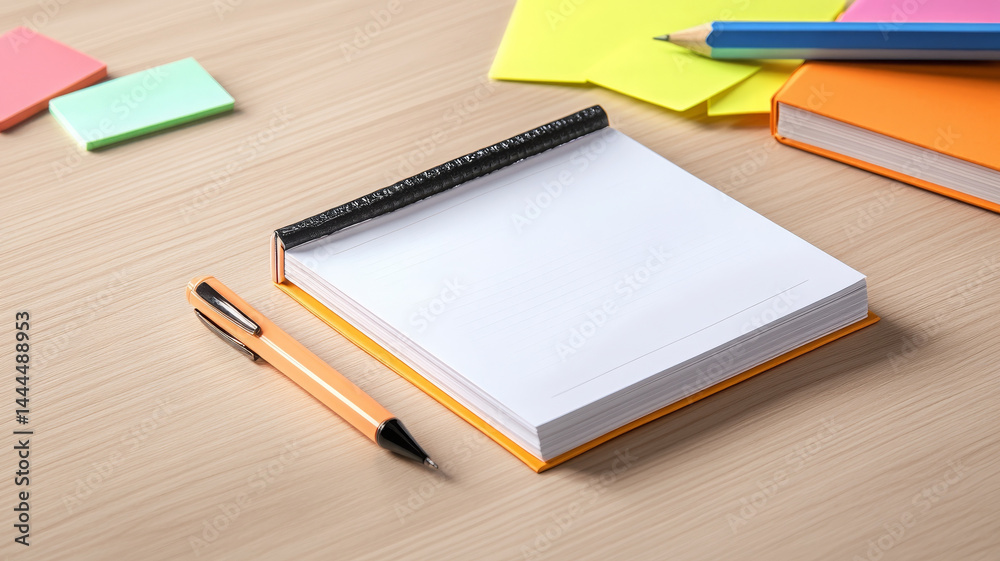 Clean organized minimalist workspace featuring notepad, pen, and colorful sticky notes Clean organized minimalist workspace featuring notepad, pen, and colorful sticky notes