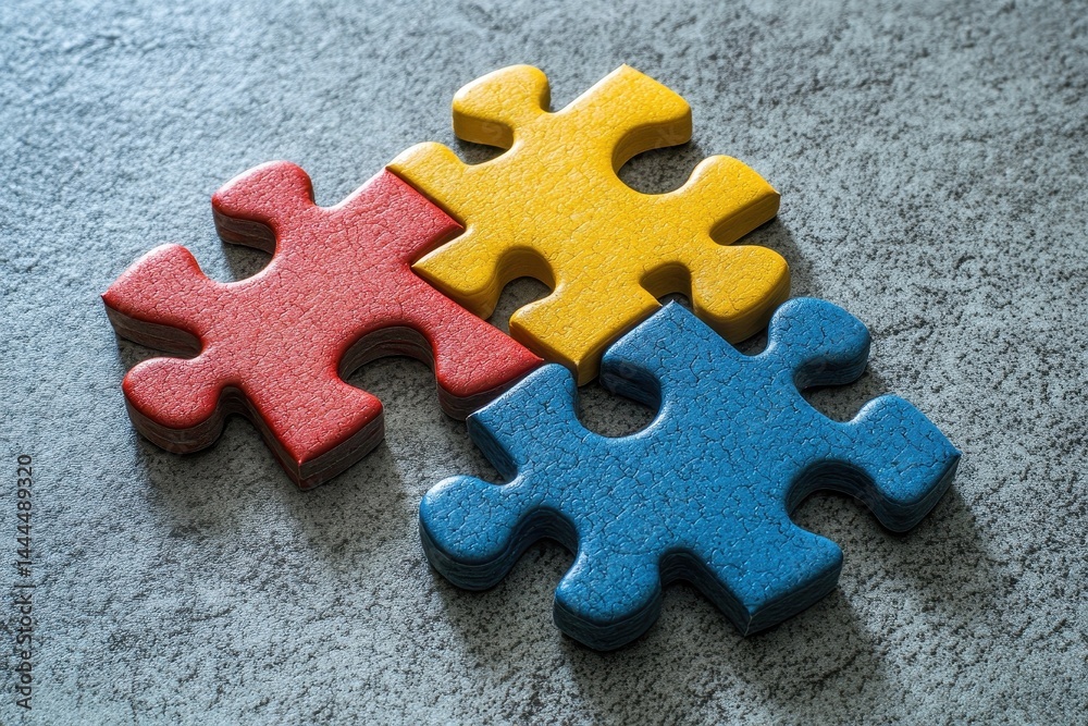 Fototapeta premium Colorful puzzle pieces connect on a smooth gray surface showcasing creativity and problem solving skills, Four colorful puzzle pieces joined together on gray surface