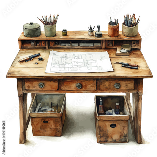 Engineers Work Desk With Plans, vector watercolor illustration, isolated on a white background.