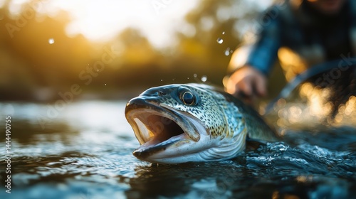 A fisherman reeling in a large fish from the water, with excitement and focus on their face