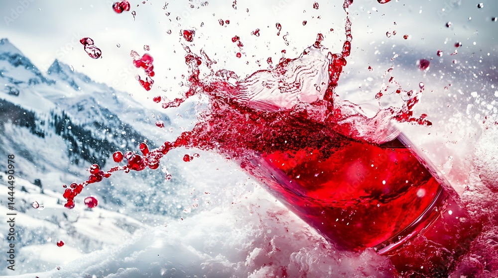 Red Liquid Splashing from Glass in Snow Landscape with Mountain Peaks and Water Drops Red Liquid Splashing from Glass in Snow Landscape with Mountain Peaks and Water Drops