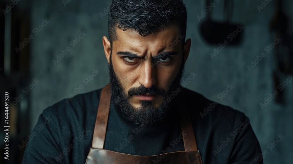 Intense craftsman focused on metalwork in workshop Intense craftsman focused on metalwork in workshop