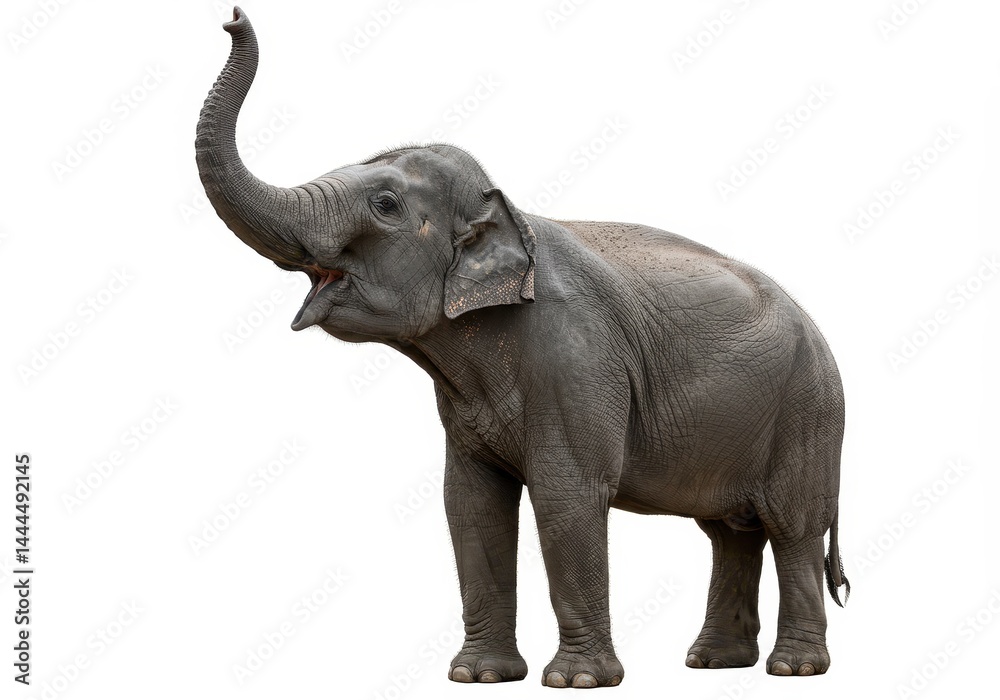 Obraz premium A majestic elephant standing tall with its trunk raised high against a plain white background in full view