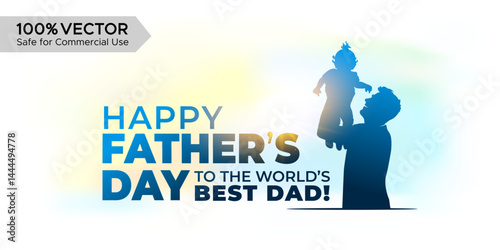 Happy Fathers Day banner design. Father playing and lifted girl baby vector illustration.