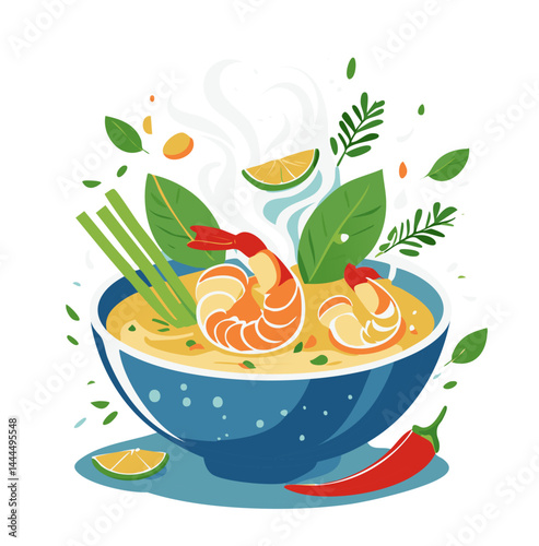 Steaming Hot Tom Yum Goong with Prawns and Herbs in a Bold Thai Culinary Style


