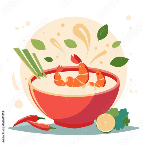Steaming Hot Tom Yum Goong with Prawns and Herbs in a Bold Thai Culinary Style

