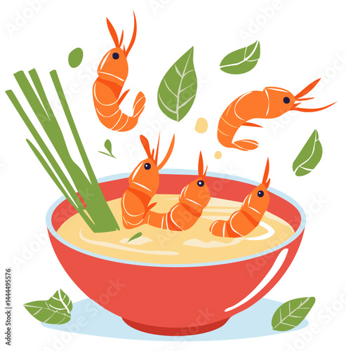 Steaming Hot Tom Yum Goong with Prawns and Herbs in a Bold Thai Culinary Style

