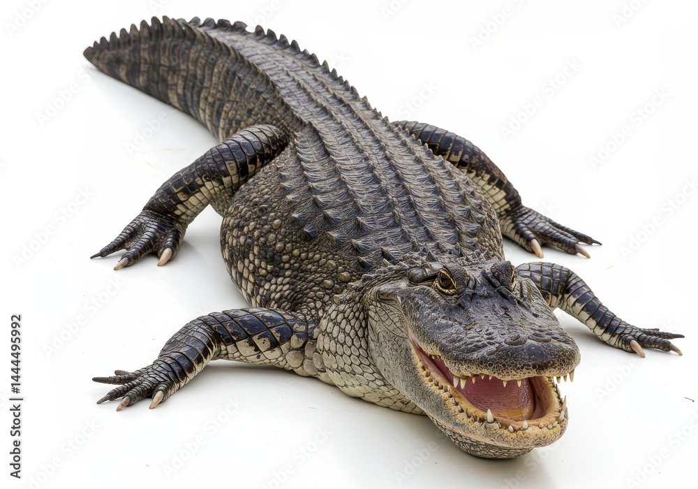 Naklejka premium A full body shot of an alligator with its mouth open on a white seamless background looking at the camera