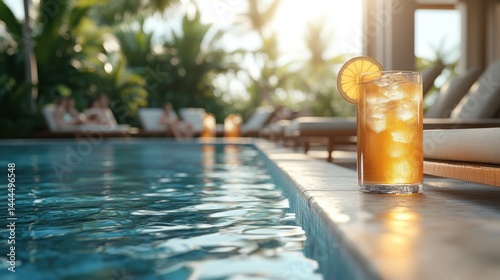 A relaxing summer afternoon by the pool with friends lounging on sunbeds and sipping iced drinks