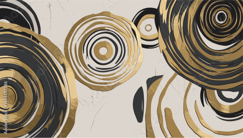 A gold and black abstract background with circles. The circles are of different sizes and are arranged in a way that creates a sense of movement and flow. The design is visually striking