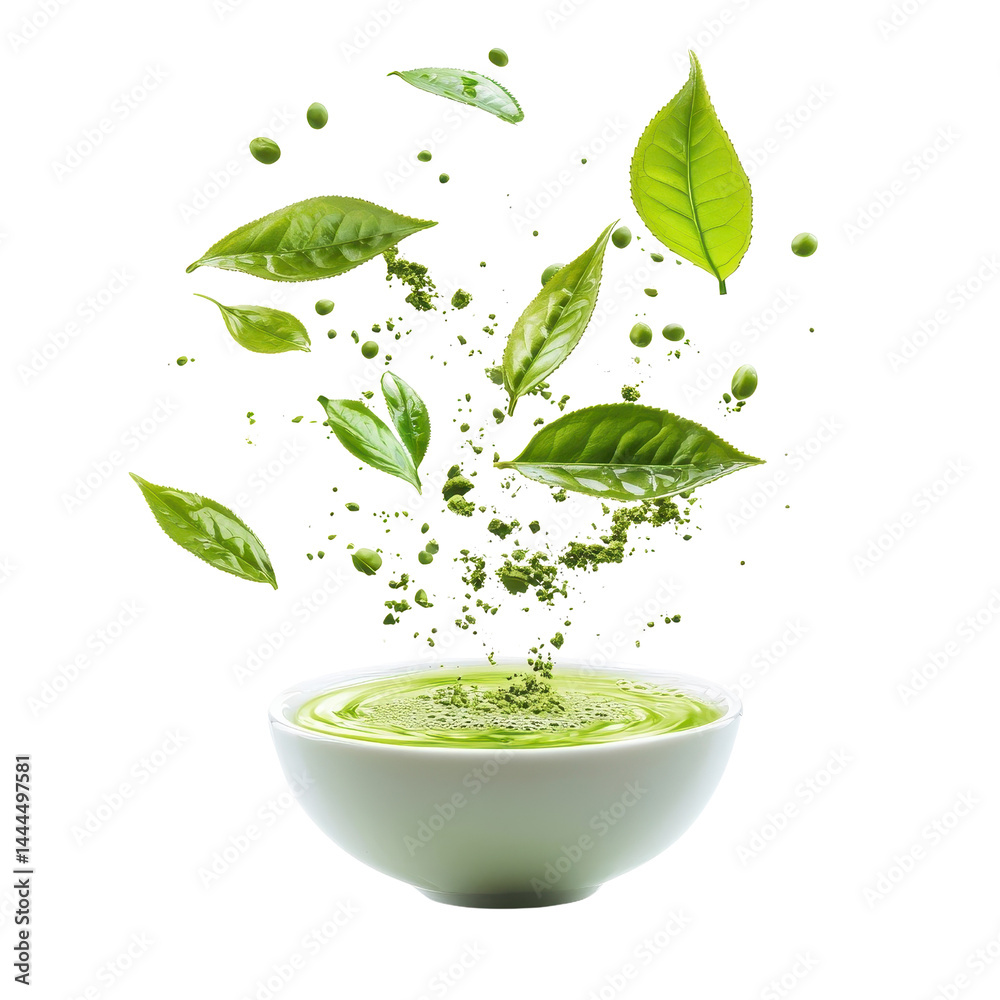 Floating matcha green tea, airy and light, isolated on white background. cutout png