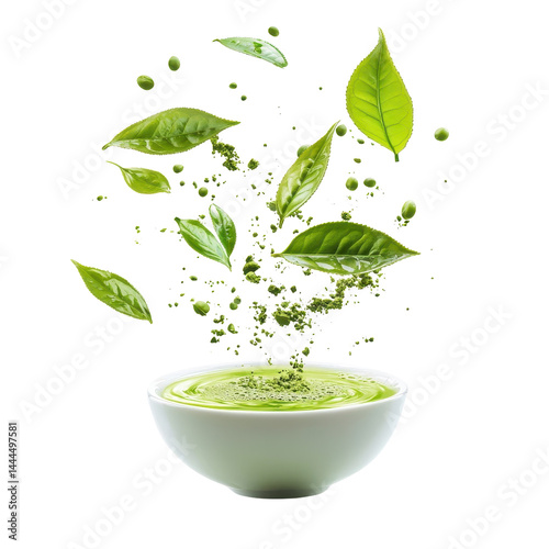 Obraz na płótnie Floating matcha green tea, airy and light, isolated on white background. cutout png w salonie