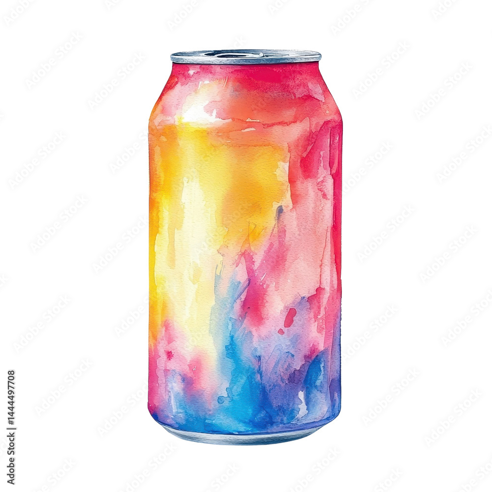 Watercolor style aluminum can, soft edges, isolated on a white background. cutout png