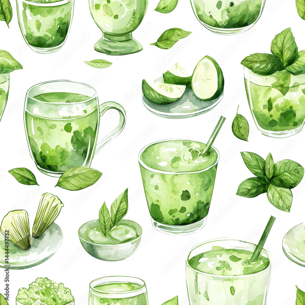 Watercolor style matcha green tea seamless pattern, soft tones, isolated on white background. cutout png