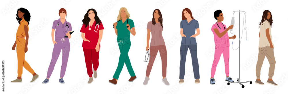 Obraz premium Set of nurses, female doctors. Different women medic workers in uniform with stethoscopes. Flat cartoon vector illustration isolated on transparent background.
