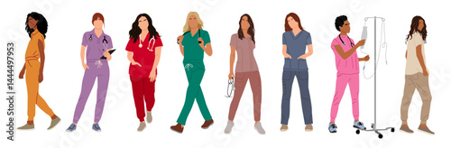 Set of nurses, female doctors. Different women medic workers in uniform with stethoscopes. Flat cartoon vector illustration isolated on transparent background.