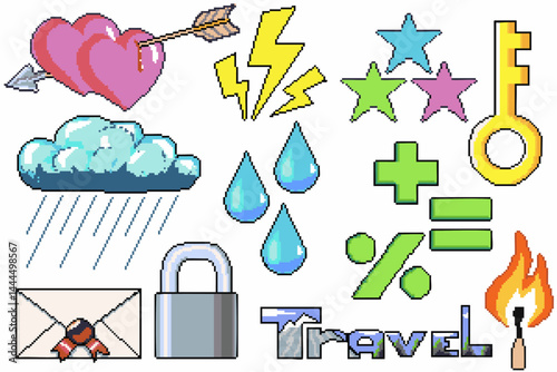 A vibrant collection of Y2K-inspired pixel art icons, blending retro aesthetics with nostalgic digital charm