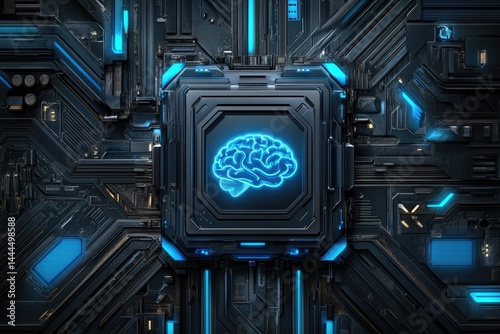 Futuristic circuit board with glowing brain icon  Complex network of electronic components
