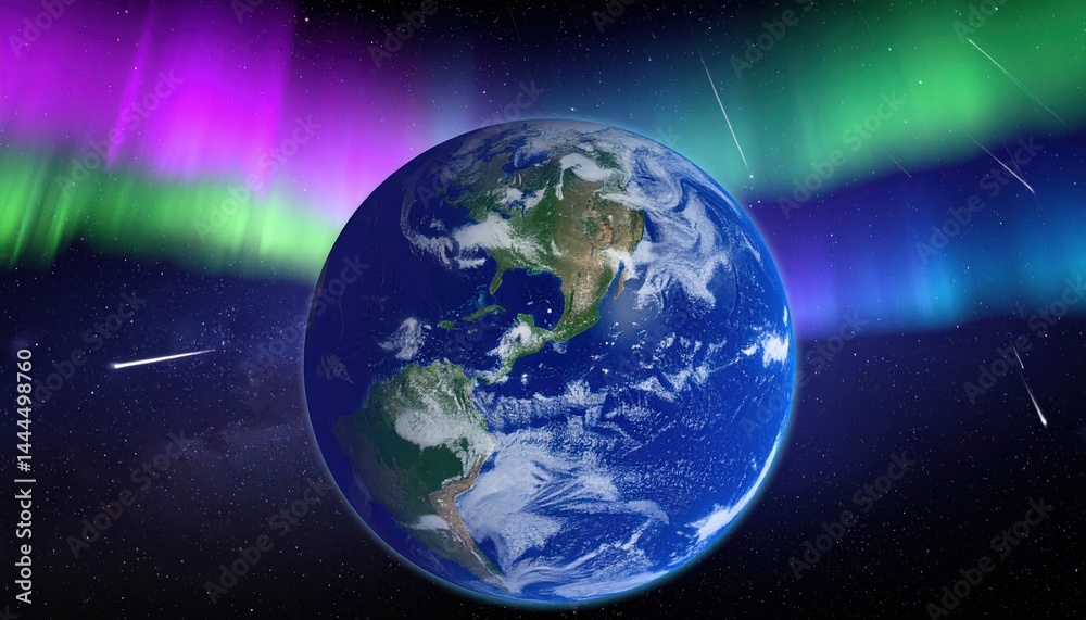 Fototapeta premium Stunning Earth Planet with Vibrant Aurora Borealis and Shooting Stars Display