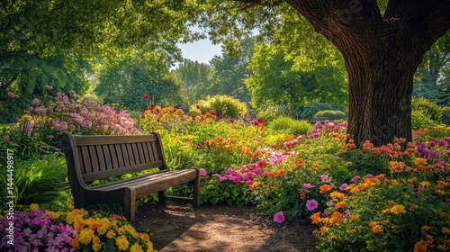 Fototapeta Naklejka Na Ścianę i Meble -  A beautiful summer garden with colorful blooms, bees buzzing, and a peaceful bench under the shade of a large tree