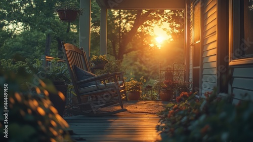 A relaxing summer evening on the porch, with a cool breeze, soft music playing, and the sound of crickets chirping in the background