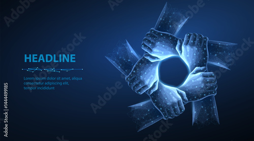 Digital teamwork hands. Together network, unity support, community connect.
