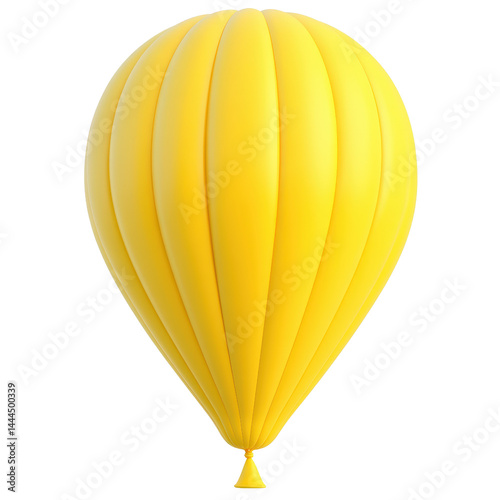 Bright yellow hot air balloon with vertical stripes floating in clear sky with no clouds du daytime, cheerful and vibrant outdoor scene, minimalistic design