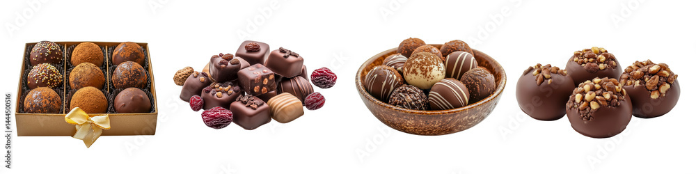 Collection of assorted chocolate pralines and truffles, isolated on a transparent background.