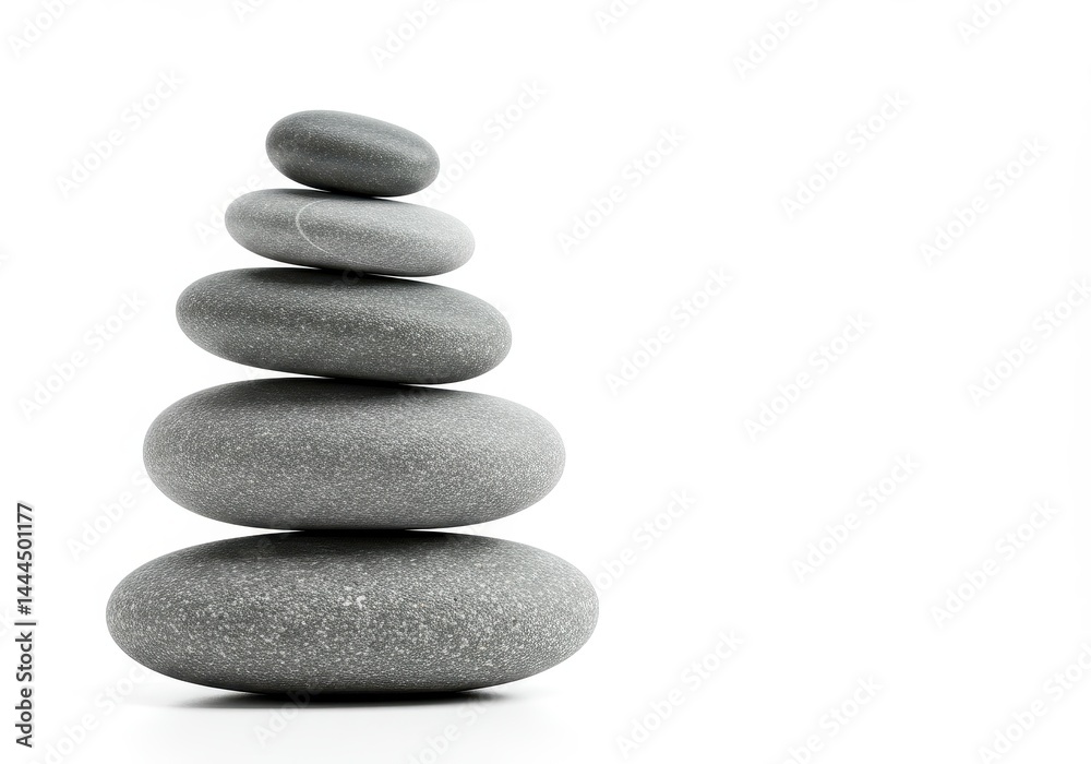 A zen stack of five smooth gray stones balanced on top of each other on a white background space A zen stack of five smooth gray stones balanced on top of each other on a white background space