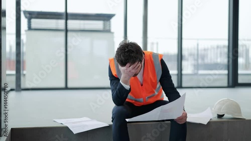 Stressed architect in suit and safety vest reviews blueprints in modern office building. He feels frustrated and disappointed.