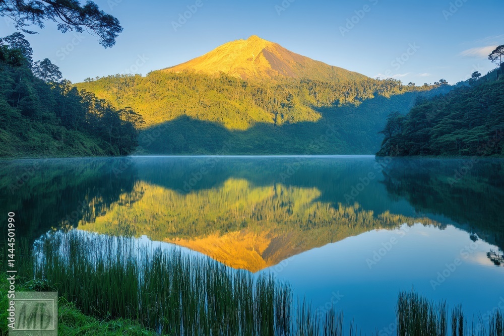Serene Mountain Lake Reflection at Sunrise: A Breathtaking Panorama of Nature's Tranquility