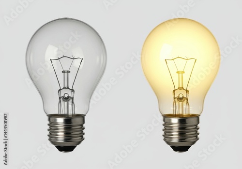 Two light bulbs one clear and off one glowing with yellow light on a plain white background image