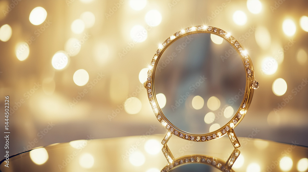 Close-Up of Gilded Mirror Reflecting Scattered Diamonds on Velvet with Soft Bokeh Lights, Symbolizing Luxury and Lavish Self-Indulgence for Editorial Design or High-End Branding Concepts