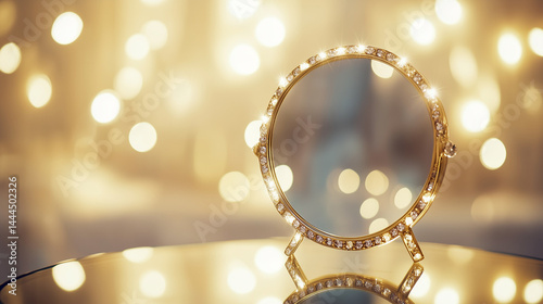 Obraz na płótnie Close-Up of Gilded Mirror Reflecting Scattered Diamonds on Velvet with Soft Bokeh Lights, Symbolizing Luxury and Lavish Self-Indulgence for Editorial Design or High-End Branding Concepts w salonie