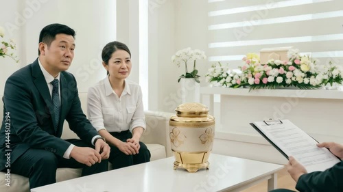 Mourning couple attending a funeral service in a serene setting  
