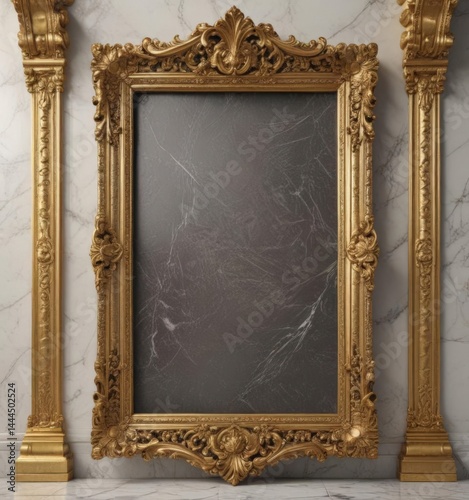 Intricate gold frame on marble, ornate details , golden, ornate, rococo