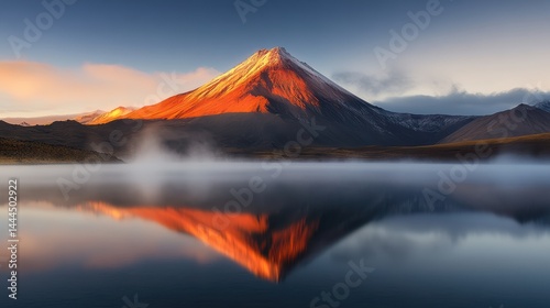 Obraz na płótnie Majestic Volcanic Landscape at Sunrise: Breathtaking Mountain Reflection in a Misty Lake w salonie