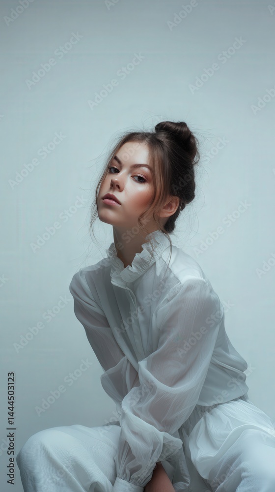 Fashionable soft focus portrait of a woman dressed in white clothes against a light grey background for stylish look Fashionable soft focus portrait of a woman dressed in white clothes against a light grey background for stylish look