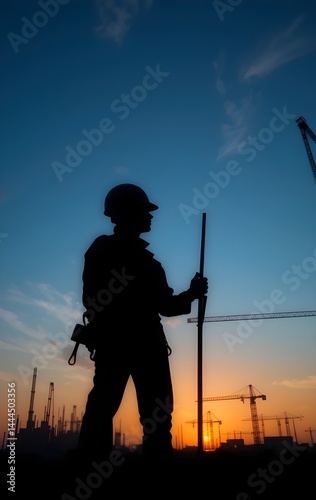 Silhouette of a construction worker holding a rod at a work site during sunset, with cranes and industrial buildings in the background, highlighting labor, development, and hard work.