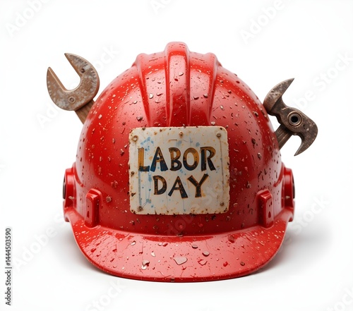 Red construction helmet with raindrops, labeled 'Labor Day', decorated with vintage tools, symbolizing worker appreciation, hard work, safety, and industrial celebration on a white background