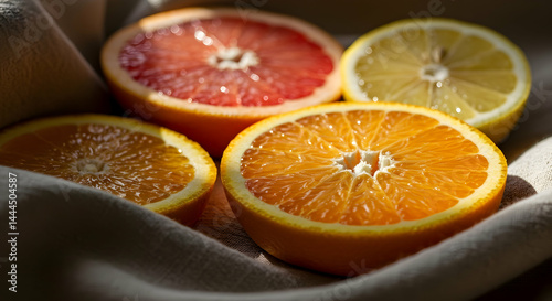 Fresh Citrus Fruits Sliced Orange Grapefruit Lemon Healthy Eating Vitamin C Natural Ingredients Sunlight Fabric Background