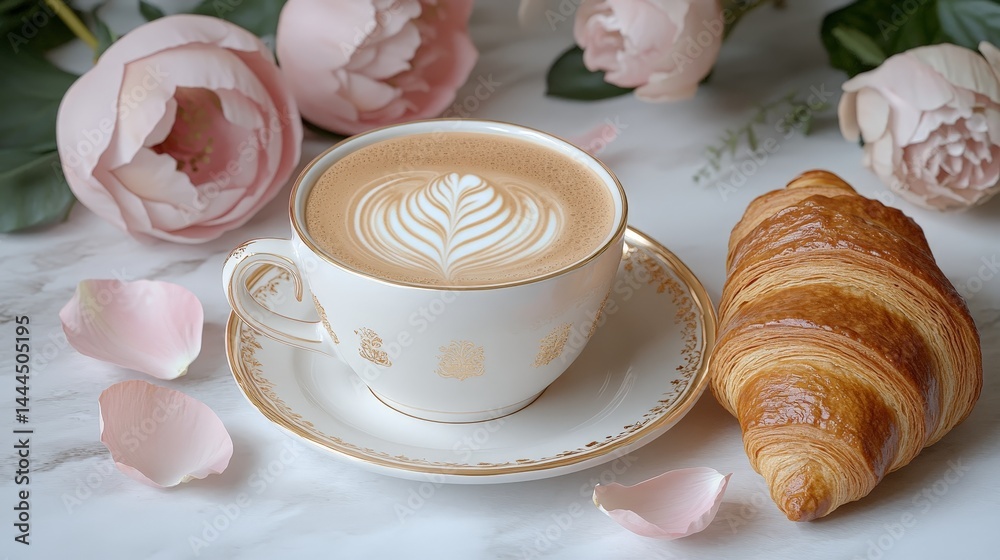 Coffee with Croissant and Peonies on Elegant Table Coffee with Croissant and Peonies on Elegant Table