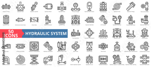 Hydraulic system icon collection set. Containing pump, fluid, cylinder, motor, valve, pressure gauge, accumulator, flow control, fittings, flow control icon. Simple outline vector illustration.